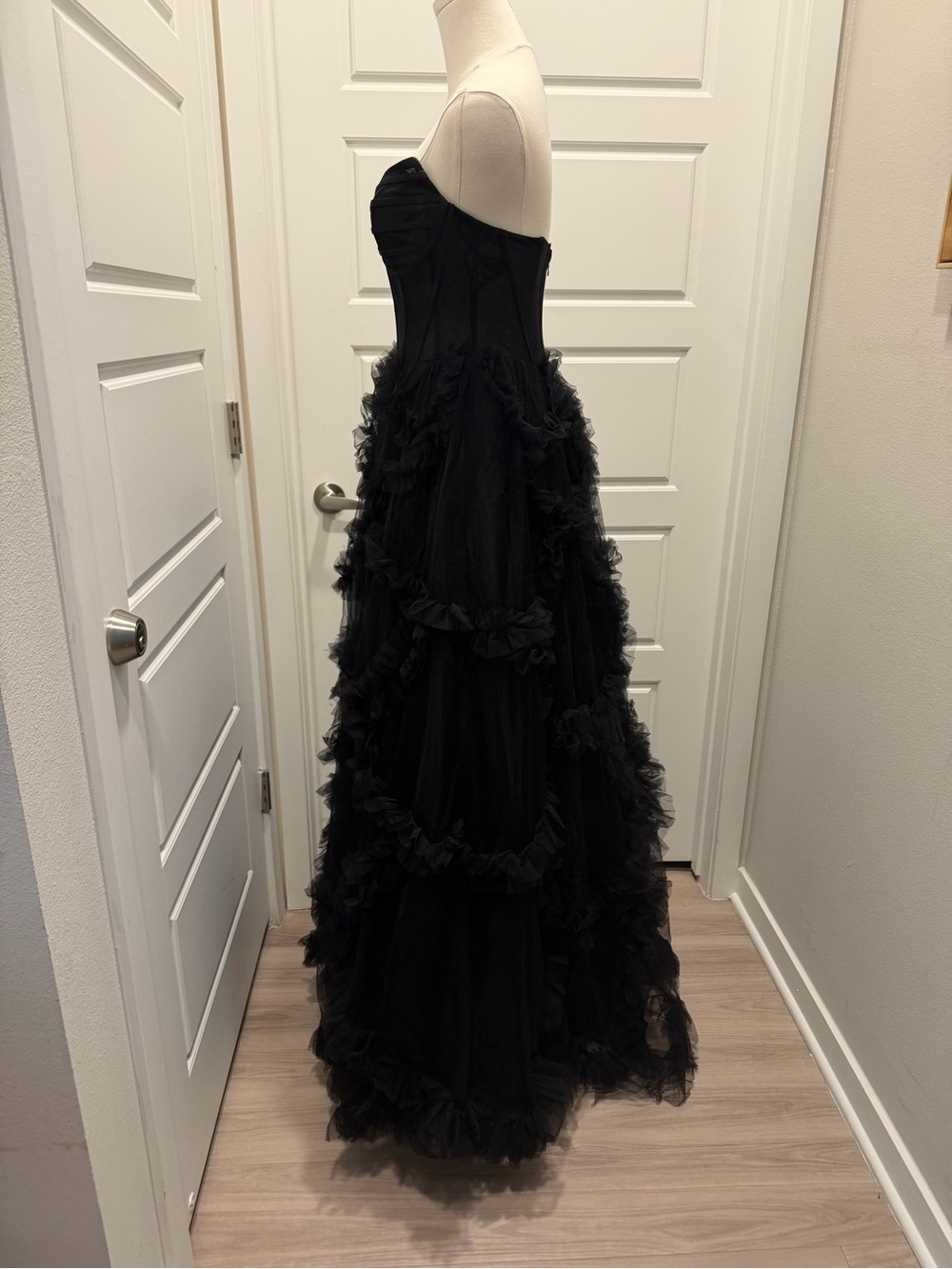 Strapless Black Tulle Ruffle Evening Gown - Picture 7 of 9